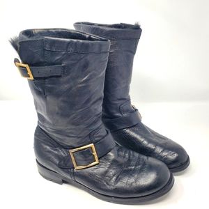 Jimmy Choo Black Leather Fur-Lined Moto Boots